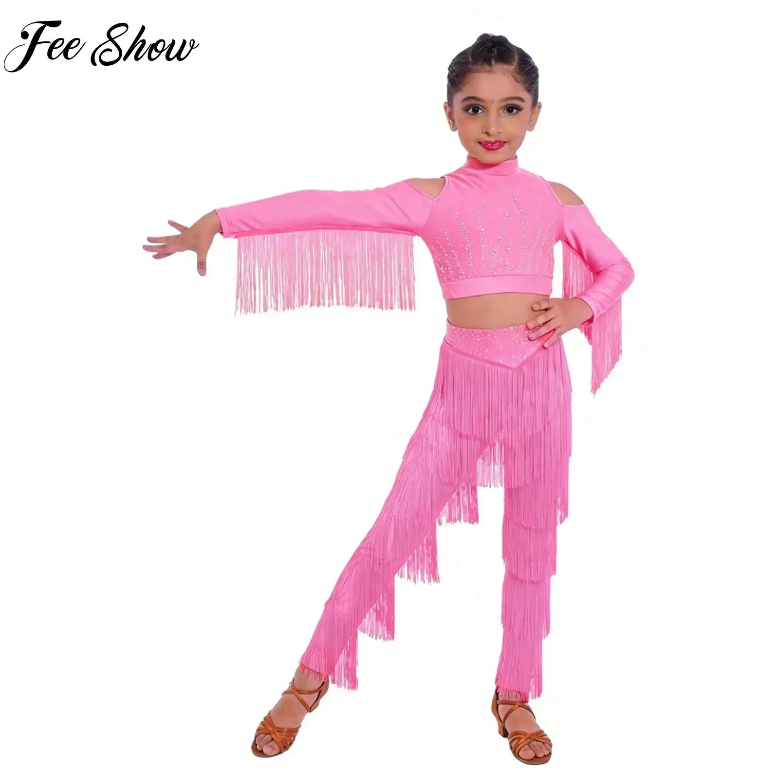 

Kids Girls Rhythmic Latin Tango Cha-cha Dance Costume Rhinestones Tassels Long Sleeves Zipper Crop Top with Tiered Fringed Pants