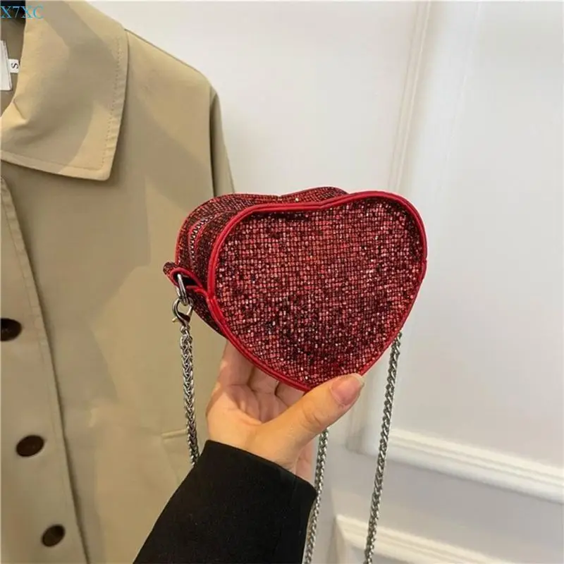 

X7XC Fashion Heart Purse with Sparkling Sequins Trendy Crossbody Purse for Girls