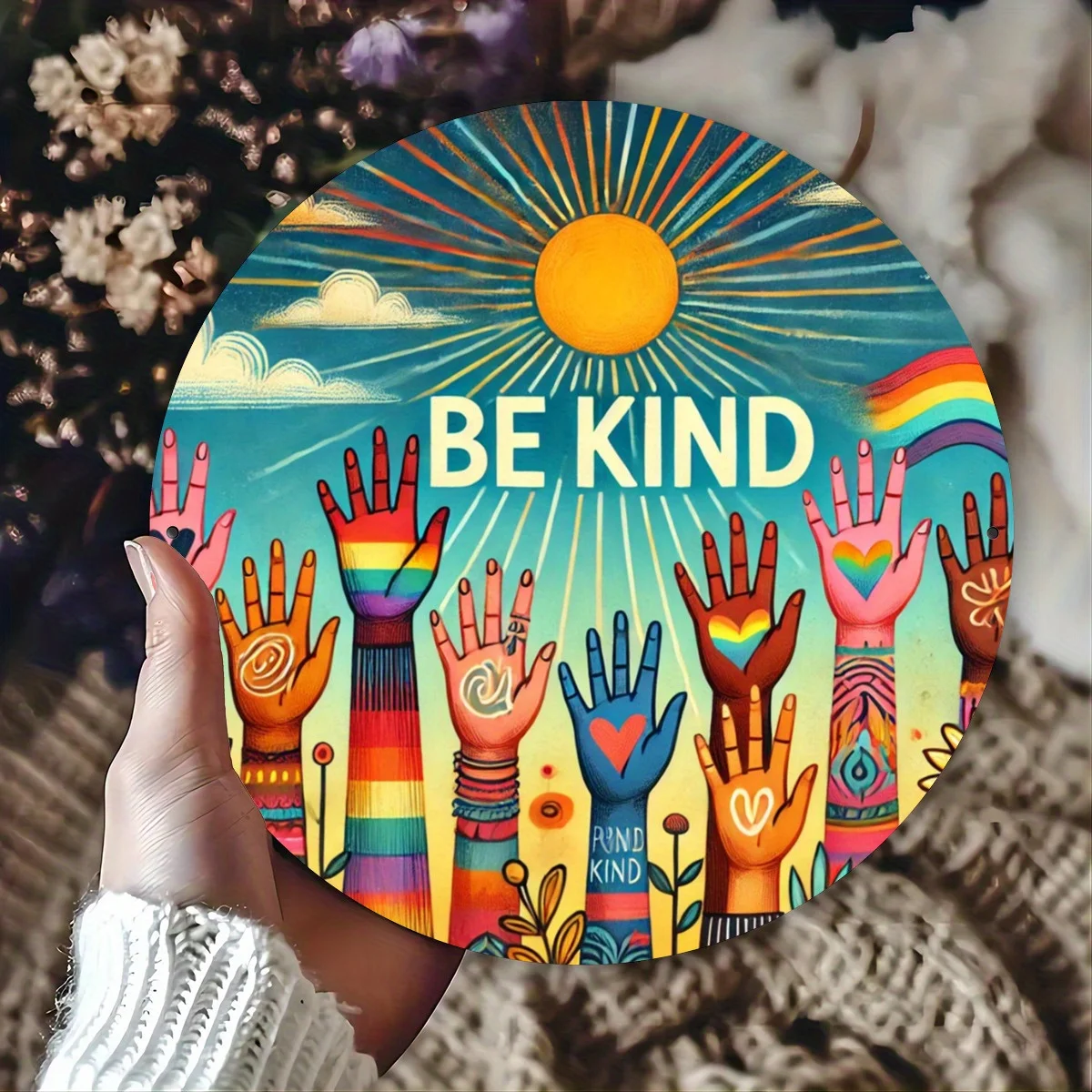 1 шт., вдохновляющий круглый металлический знак «Be Kind» — яркая тема единства и доброты, устойчивый к атмосферным воздействиям железный настенный рисунок для улицы, крыльца