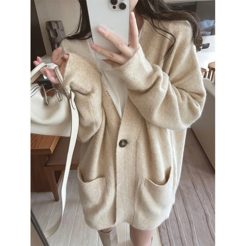 

OCEANLOVE Single Button Cardigans Woman V Neck Autumn Winter Warm Sweaters Korean Fashion Loose Vintage Chic Sueter Mujer