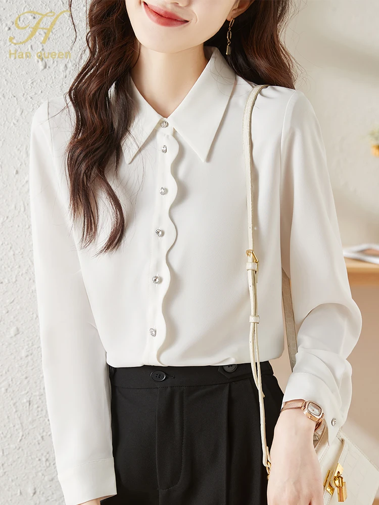 H Han Queen New Arrival Commuter Chic Shirt Womens Blouse Vintage Work Casual Tops Chiffon Blouse Elegant Loose Business Shirts