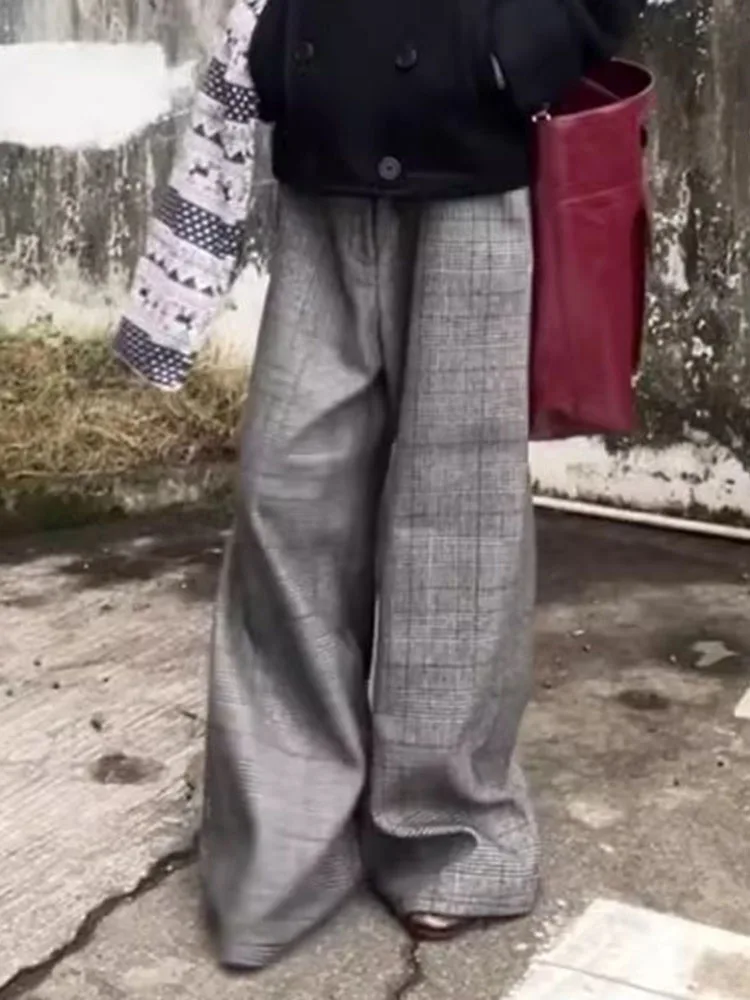 PBAP-pantalones de traje de Tweed a cuadros para mujer, pantalones plisados de cintura alta con bolsillos, pantalones de vestir de pierna ancha holgados, ropa Formal informal de oficina