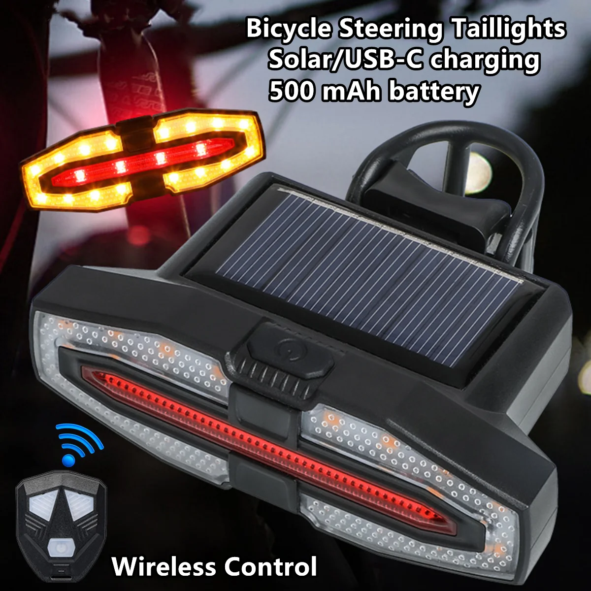 

Bicycle Turn Signal Tail Light LED Cycling Taillight USB Solar Rechargeable Wireless Remote Bike Rear Lamp MTB Road Waterproof