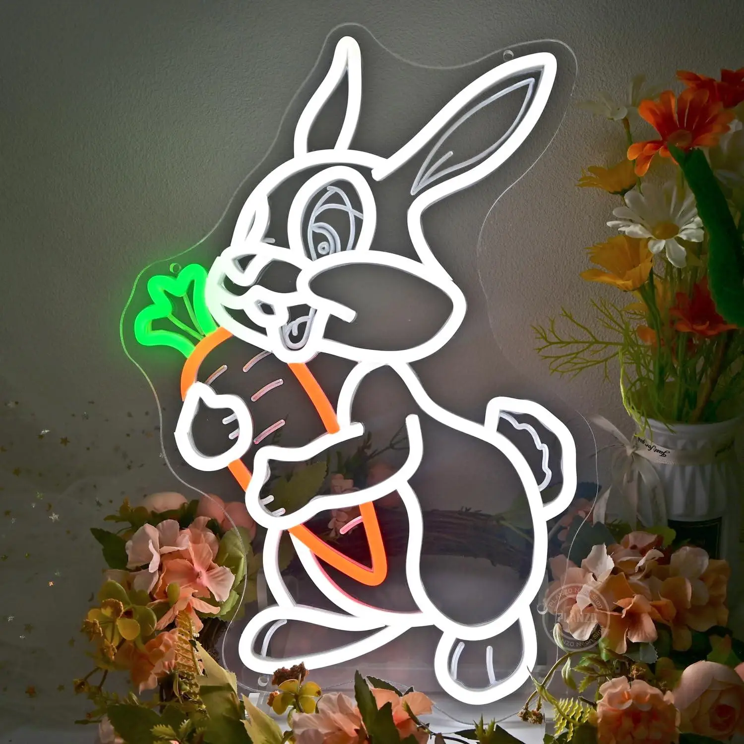 Rabbit with Carrot Neon Sign Dimmable USB LED Light for Kids Bedroom Easter Party Home Wall Decor Cute Animal Festival Art Gift