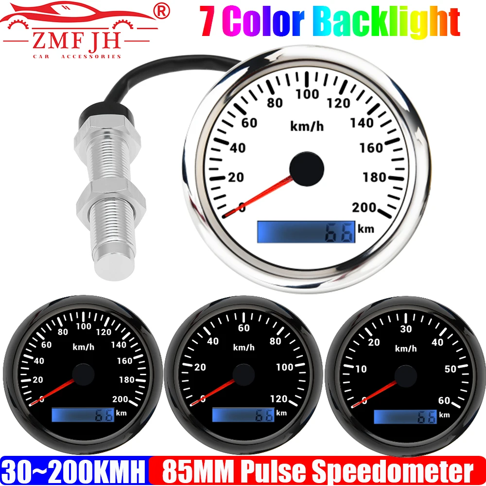

ZMFJH Analog Pulse Signal 85mm Speedometer Gauge with Holzer Sensor M16X1.5 7 Color Backlight 30-200KMH Speedometer Auto Car