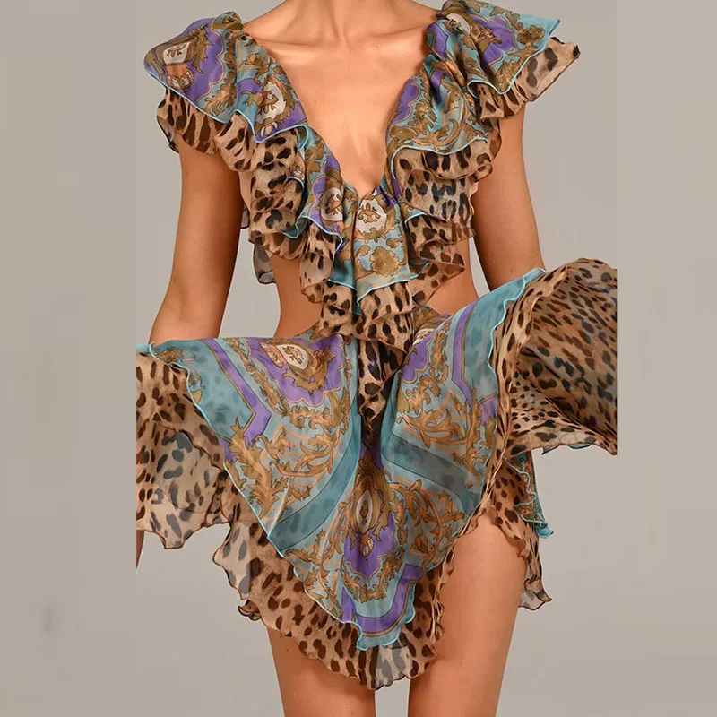 Feminino casual sem mangas plissado vestido de festa elegante plissado profundo decote em v vestido curto moda padrão impressão oco chiffon mini vestido