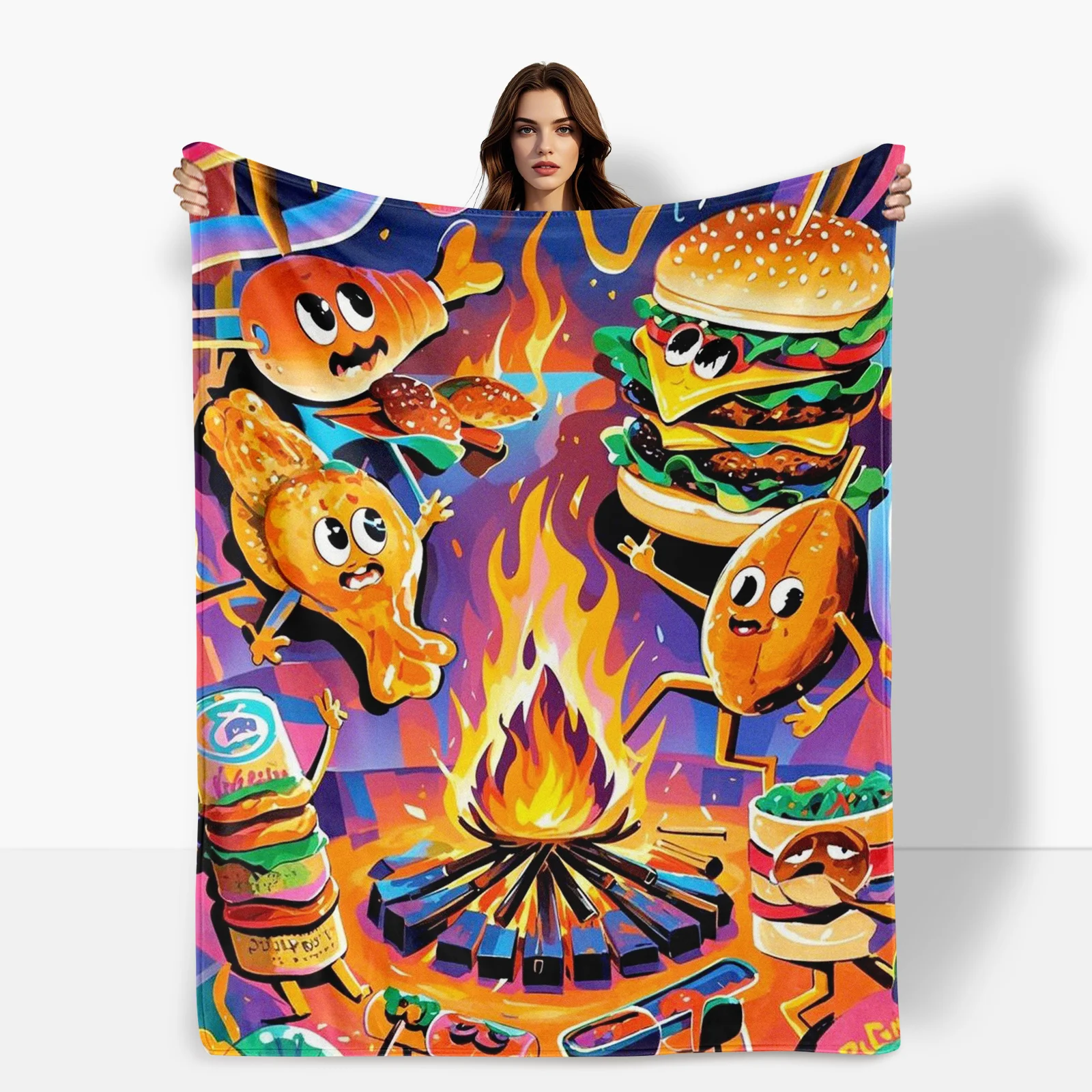 Personified BBQ Flame Multicolor Blanket For A Unique And Vibrant Accent To Your Outdoor Events Or Home Decor Aesthetic Style