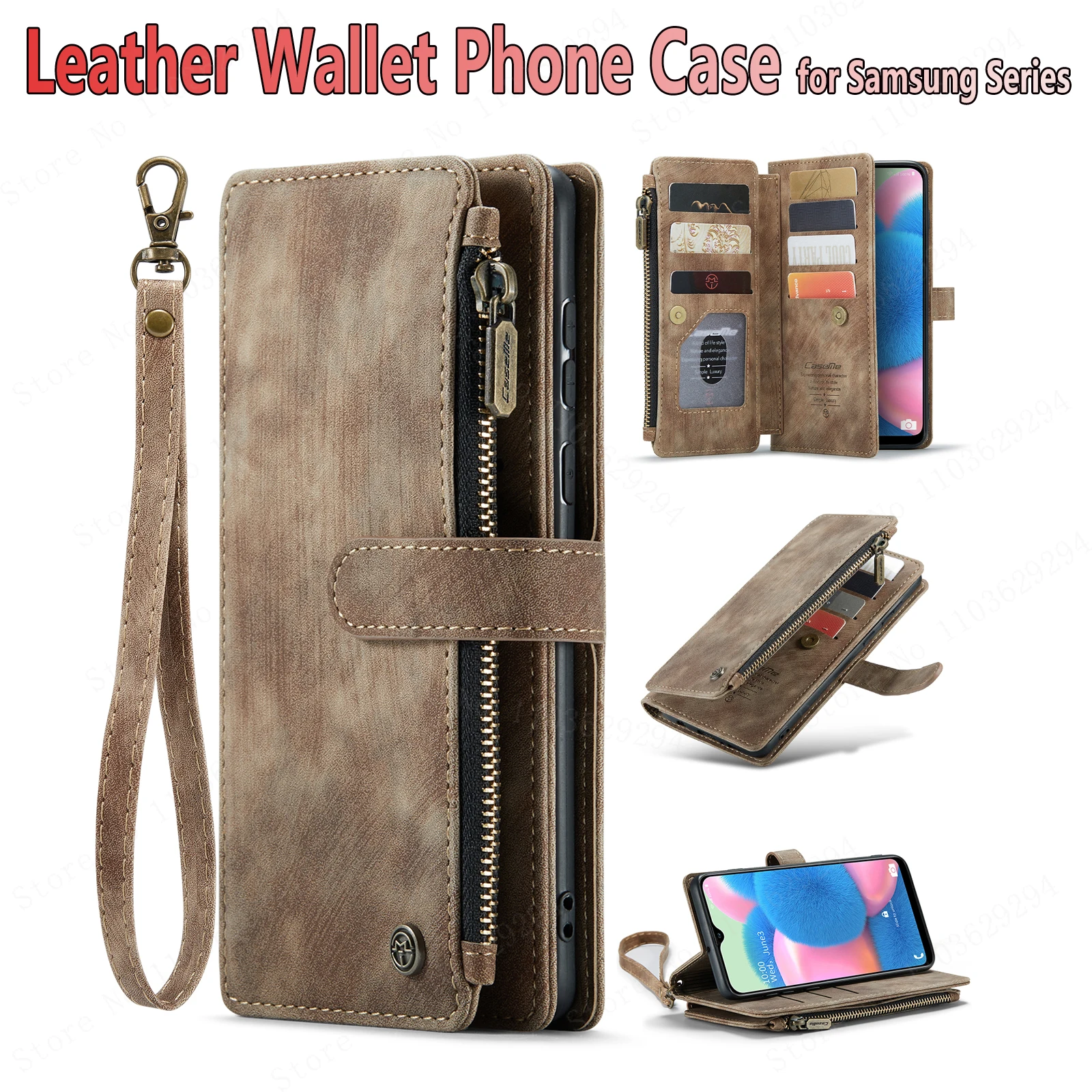 CaseMe multi-card slot zipper high-end retro leather wallet mobile phone case,For Samsung Galaxy A54 A53 A15 A14 A13 A50 A72 A25