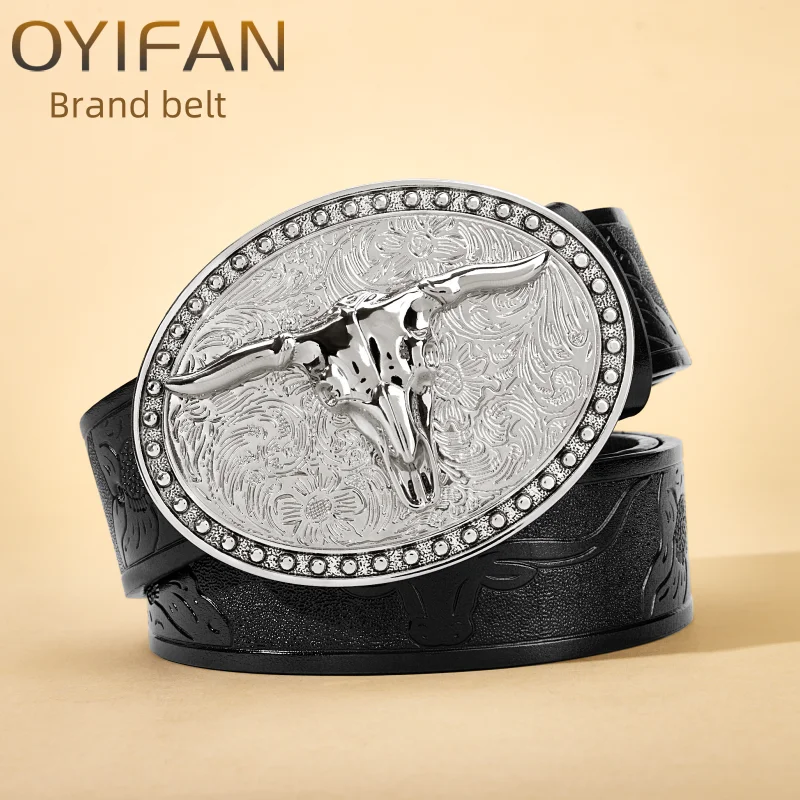 Women's Cowboy Belt Western Leather Buckle Belts Cowboy Longhorn Bull Pattern Buckle Belt Floral Engraved Buckle Belt for Men