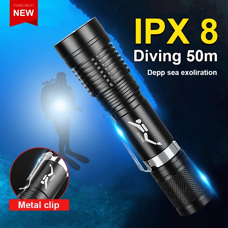 IPX8 Professional ไฟฉาย LED กันน้ำ EDC ไฟฉายดำน้ำสูง 3 โหมด Super Bright ว่ายน้ำโคมไฟ 18650 โคมไฟ