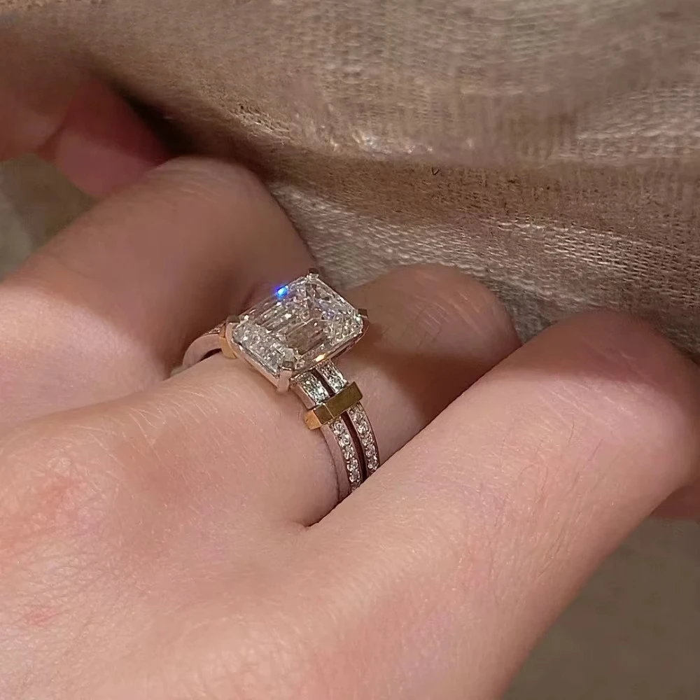 Fashionable 925 Silver Two-tone Gold Double-sided Set Diamond Engagement Ring in French Vintage Style for Women