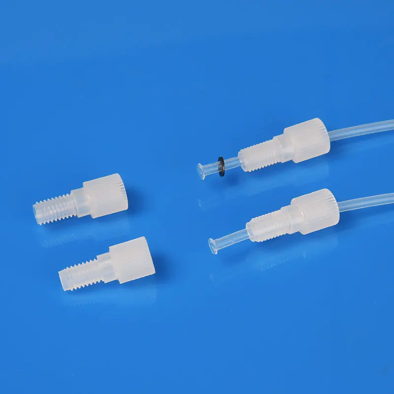 small plastic fittings 1/4-28UNF or M6 thread flanged fitting made of PP/PTFE material used for standard rigid tubing