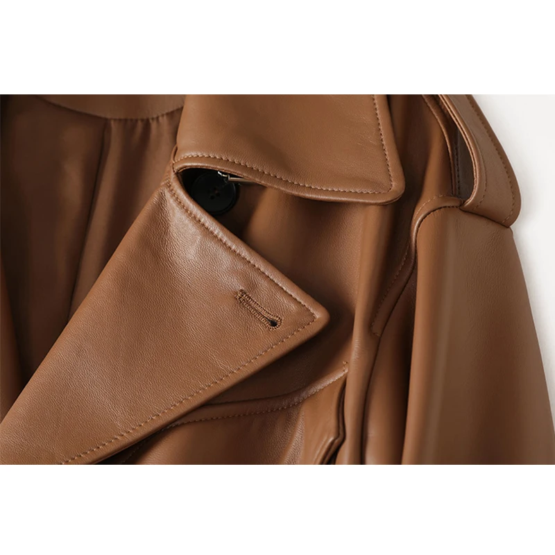 2025 Herbst-Trenchcoat aus 100 % echtem Leder, stilvoll, großes Revers, Silhouette, Schaffell, lange, tiefe Schulter, Schnür-Trench-Outwear