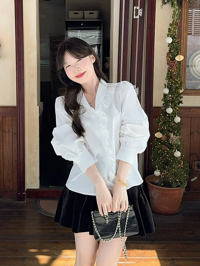 

plus Size Women's irt Spring New Sle Simple Doll Collar Lace Splicing Long Sve Cotton Top Trendy Faion Ladies' Clothing