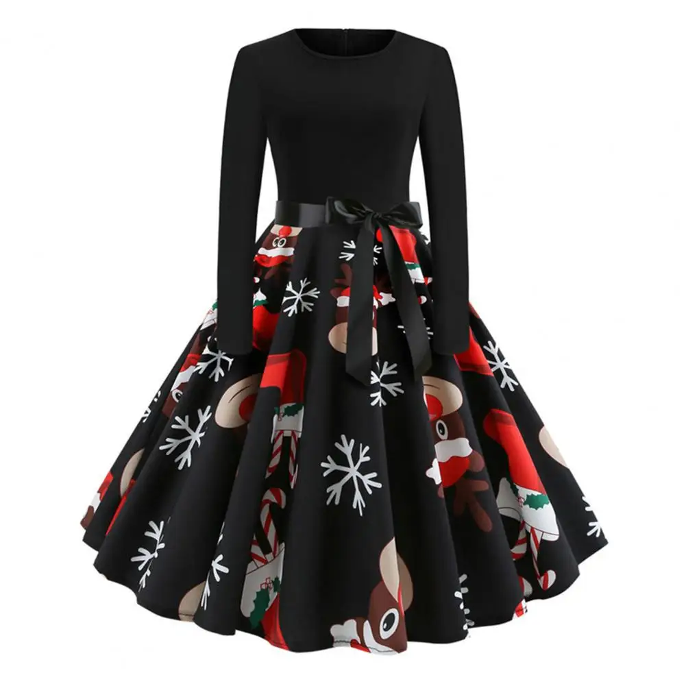 Women Chirstmas Dress Vintage Holiday Party Dress Cartoon Santa Claus Print Long Sleeve New Year Party Prom Midi Evening Dress