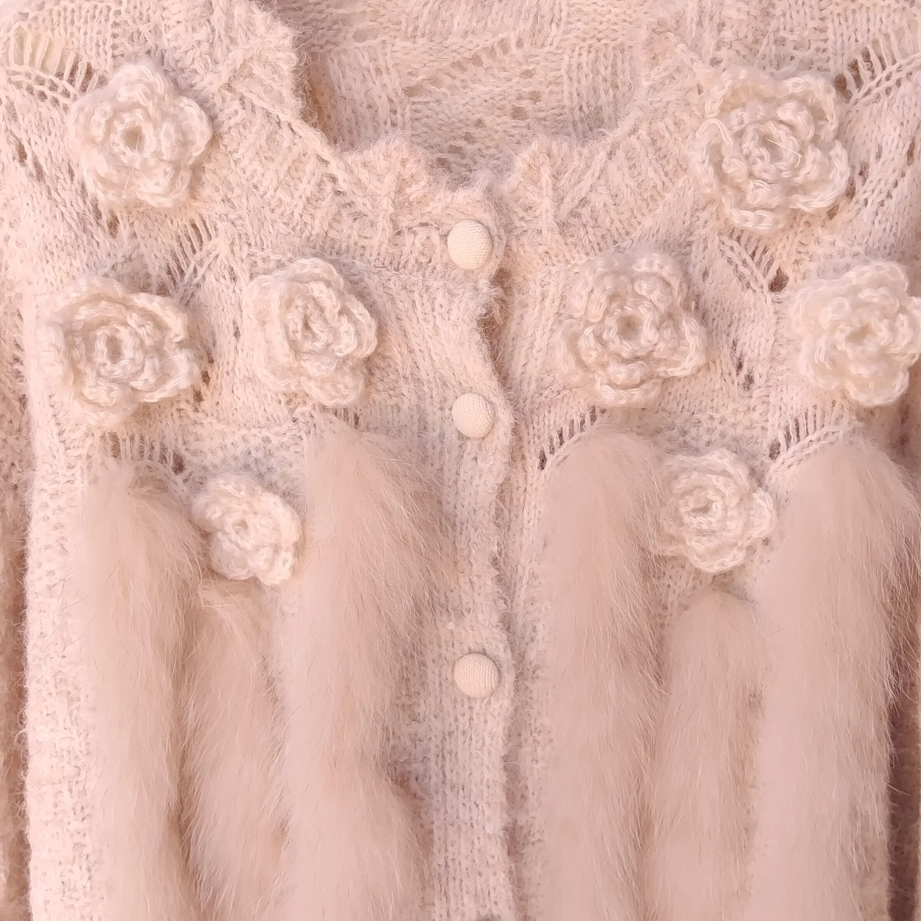 새로운 리얼 폭스 퍼 트리밍 롱 니트 귀여운 가디건 여성용 O넥 긴팔 꽃 장식 버튼 가디건 스웨터