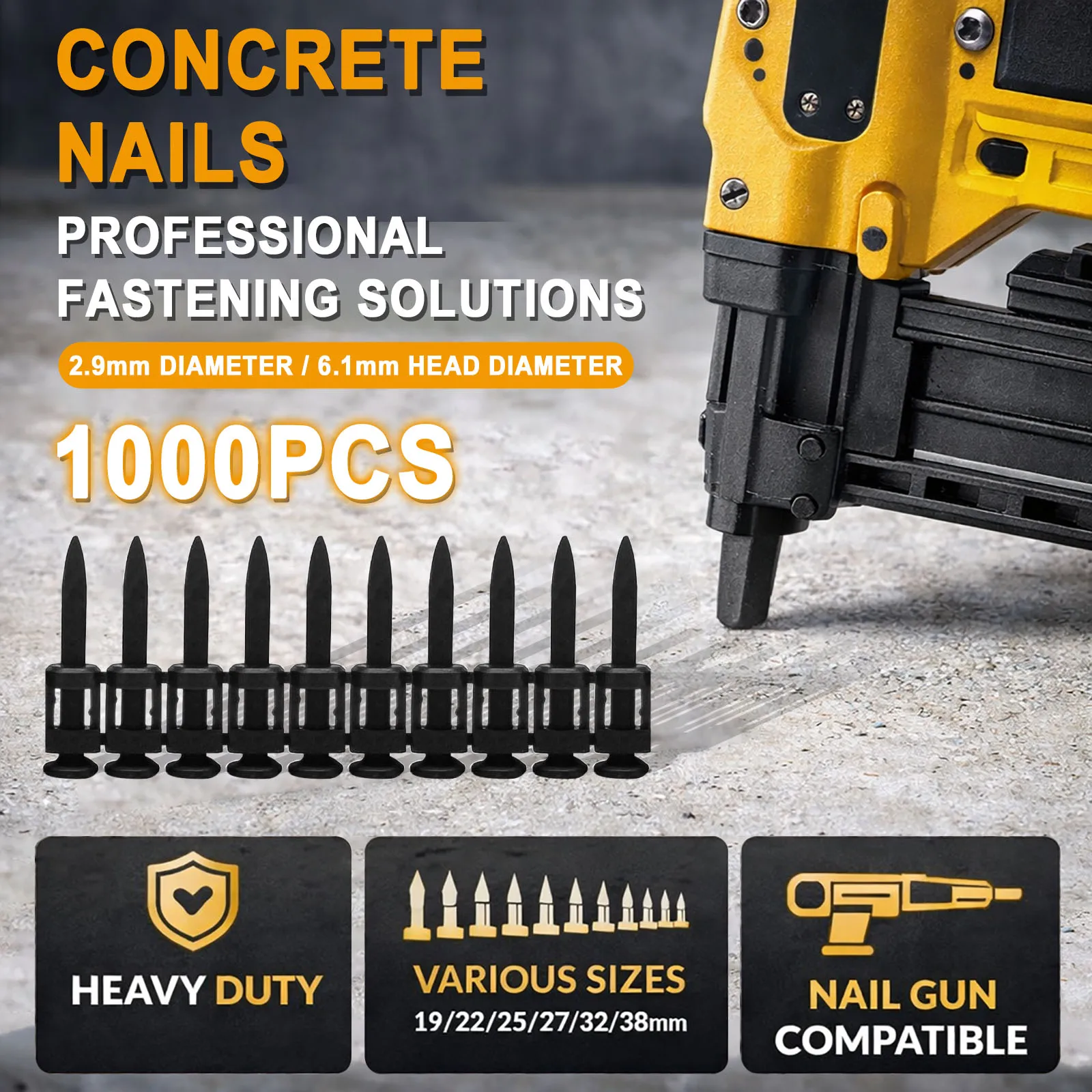 

1000PCS 2.9mm Concrete Nails for Gas Actuated Tool 19/22/25/27/32/38mm Steel Drive Pins High Hardness Fasteners for Masonry Wall