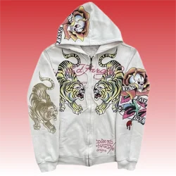 European and American Vintage Harajuku Tiger Full Print Hoodie 2024 Summer Street Loose Hip Hop Plus Size Y2K Zip Up Hoodie