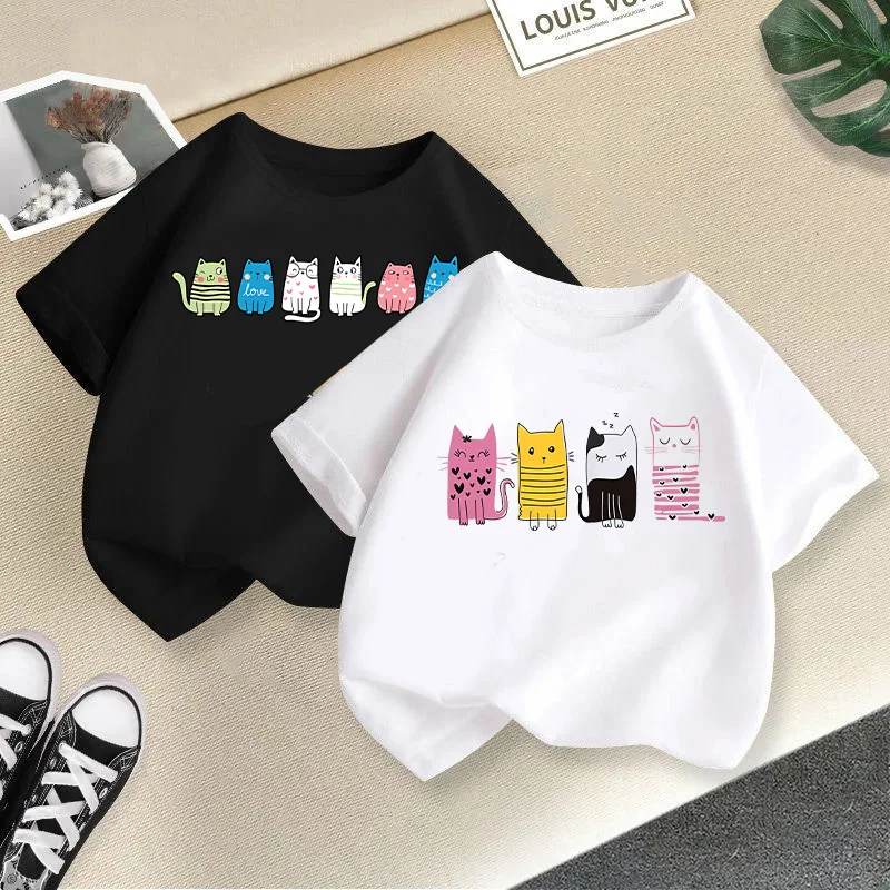Girls' T-shirt Short-sleeved Summer New Crew-neck Print Cute Cat Loose Top Girls' Summer Dress Kids Clothes