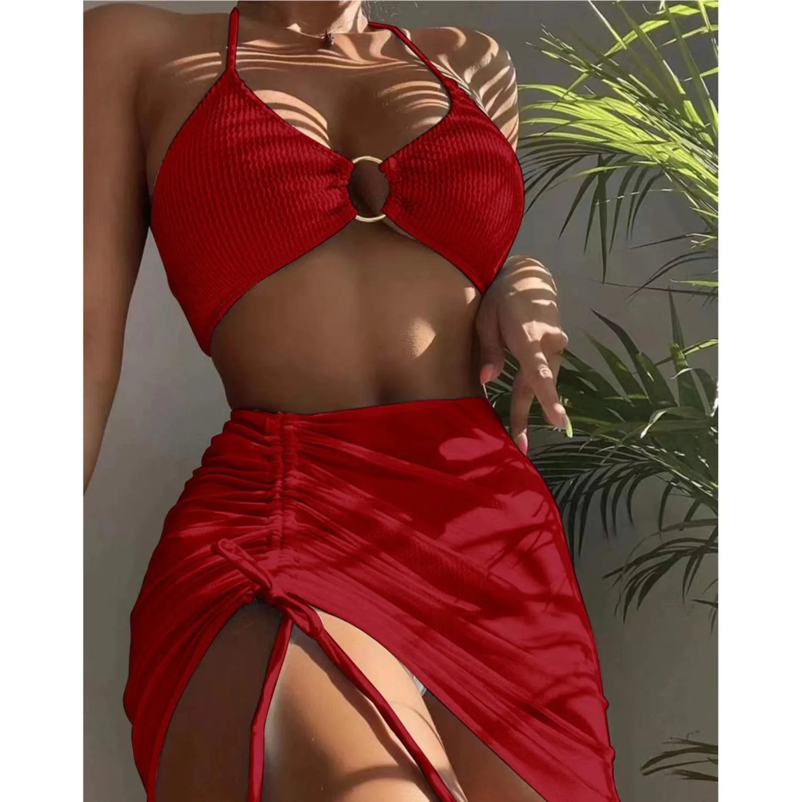 Women 3 Pieces Swimsuits Halter High Waist Push Up Ring Bikini Set Sexy See Through Cover Up Skirt 2023 Fashion Bathing Suits