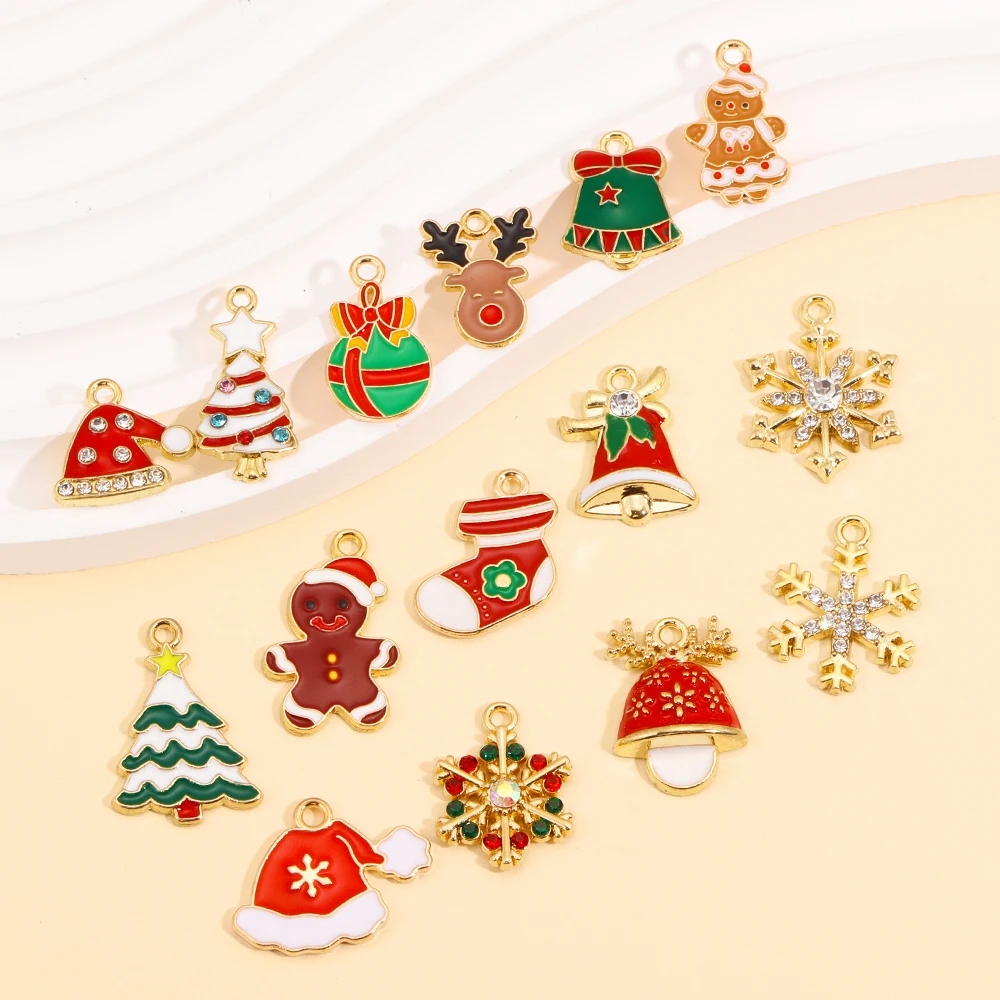 10Pcs Lovely Snowflake Christmas Tree Hats Charms Gold Plated Pendant for Diy Jewelry Making Necklace Earring Christmas Accessor
