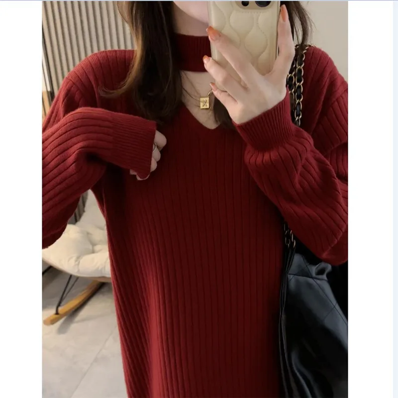 Outono inverno feminino solto sobre o joelho vestido de malha camada comprimento médio camisola vestidos longos