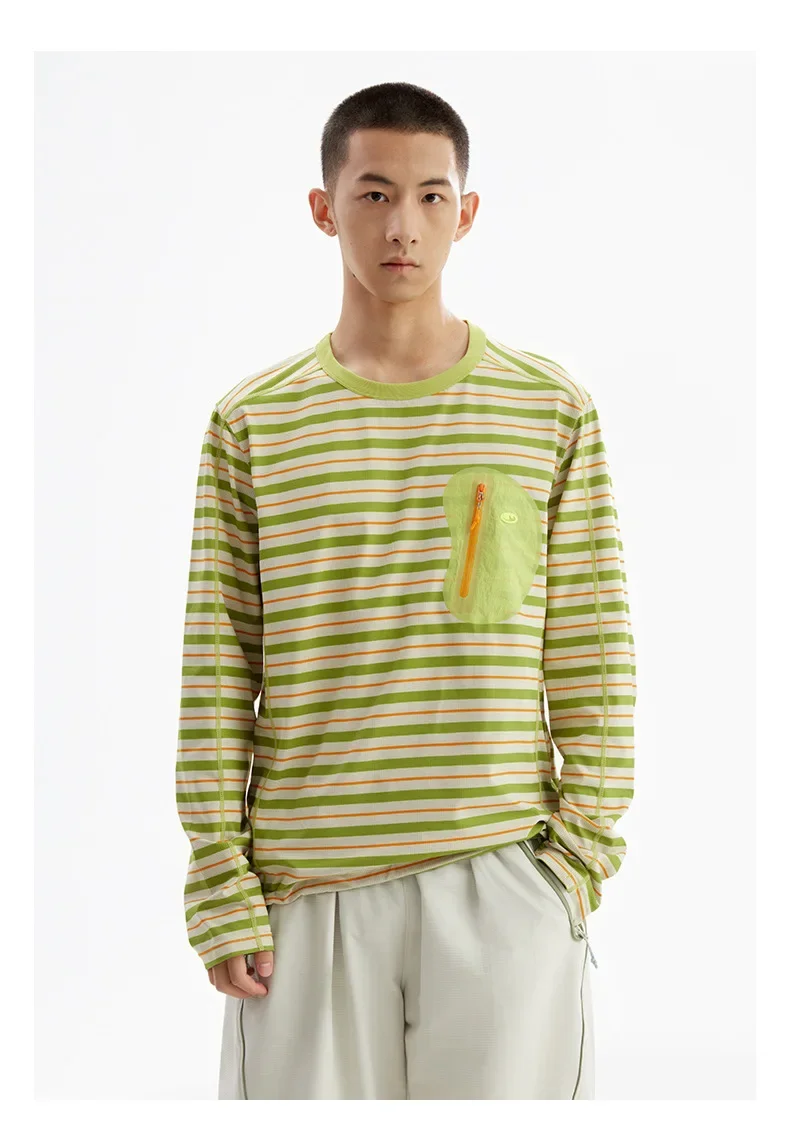 Unisex Gestreiftes Langarm-T-Shirt – UPF50+ Sonnenschutz & Schnelltrocknend mit Kontrastfarbener Reißverschlusstasche für Outdoor- & Freizeitkleidung – Detail 10