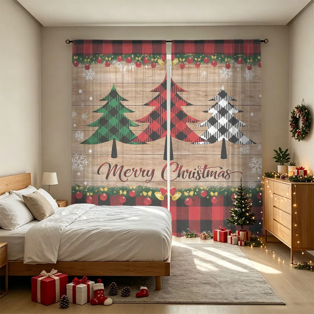 2pcs Multi Plaid Christmas Tree Merry Christmas Rod Pocket Curtains Double Panel Window Drapes For Living Room Bedroom Holida