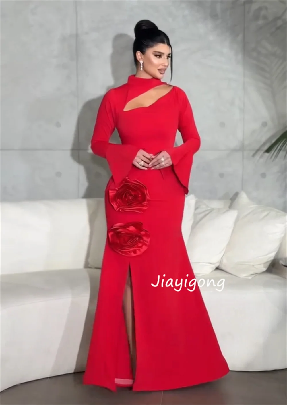 맞춤형 우아한 저지 플리츠 수제 꽃 장식 트럼펫 하이 칼라 롱 드레스 맞춤형 행사 홈커밍 매칭