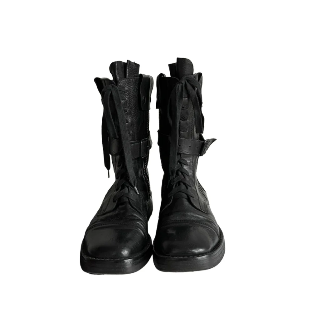 Women's Leather Motorcycle Boots Punk Retro Mid-Calf Western Cowboy Boots Black Soft Belt Buckle Strap High-top Moccasin Shoes view 2