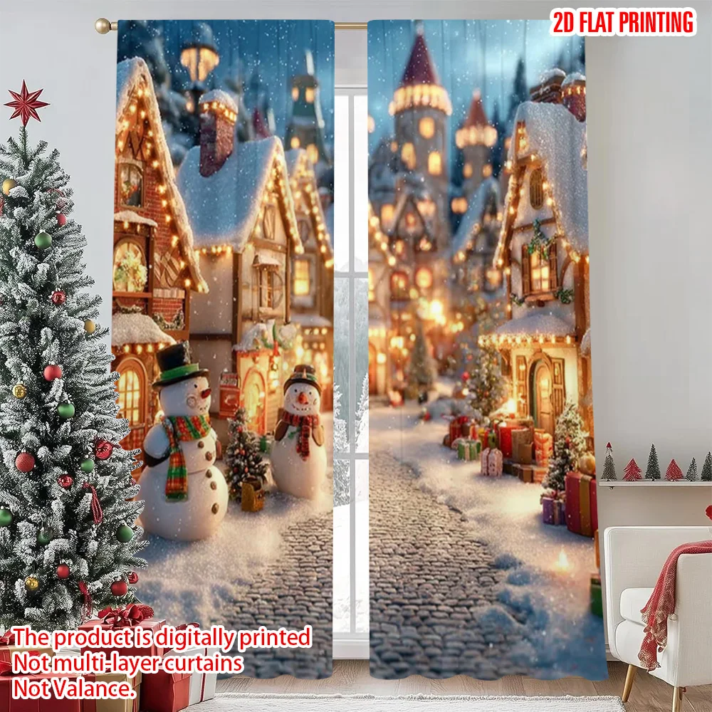 

2pcs 2D flat printing Merry Christmas Popular Curtain Christmas Village Covered in Snow_ Machine Washable Polyester Without