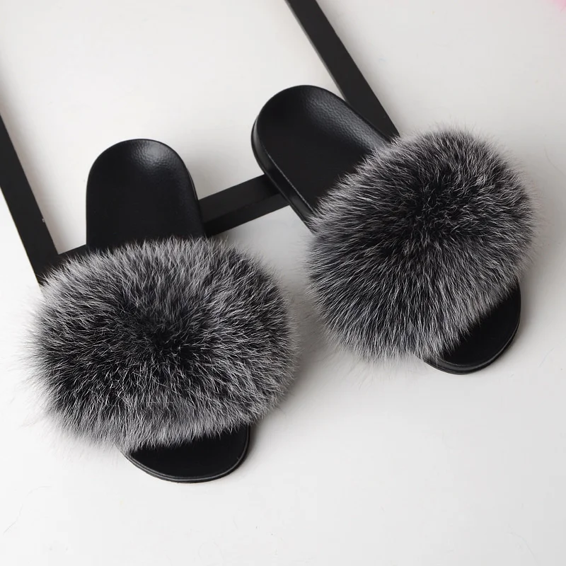 SARSALLYA Fur Slippers Women Real Fox Fur Slides Home Furry Flat Sandals Female Cute Fluffy House Shoes Woman Brand Luxury 2024