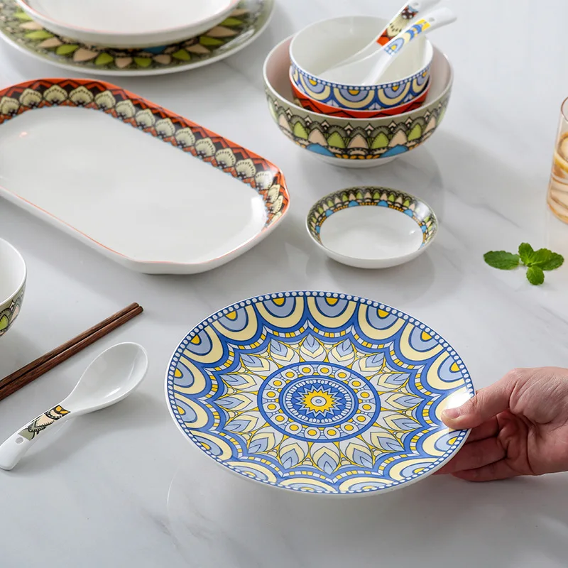 Handmade Pottery Stoneware Ceramic Porcelain Morocan Style Dinnerware Set 16pc Fine China Colorful Dinnerware Set Dinner Set