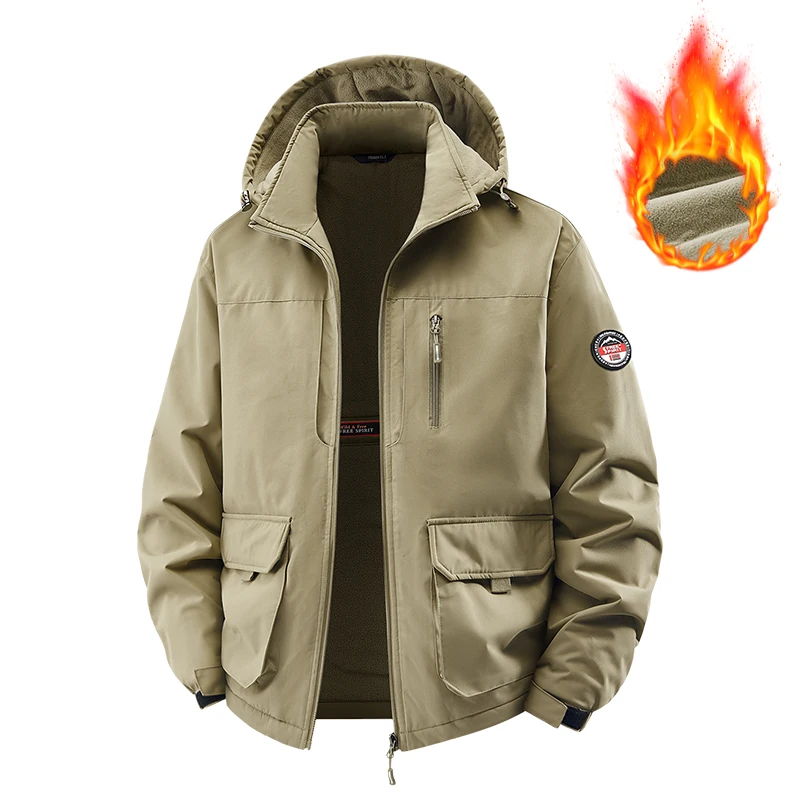 Men's Outdoor Fleece Lined Thickened Winter Jacket Climbing Clothes Windproof Cold Proof Workwear Coat Casual Fashion Urban S...