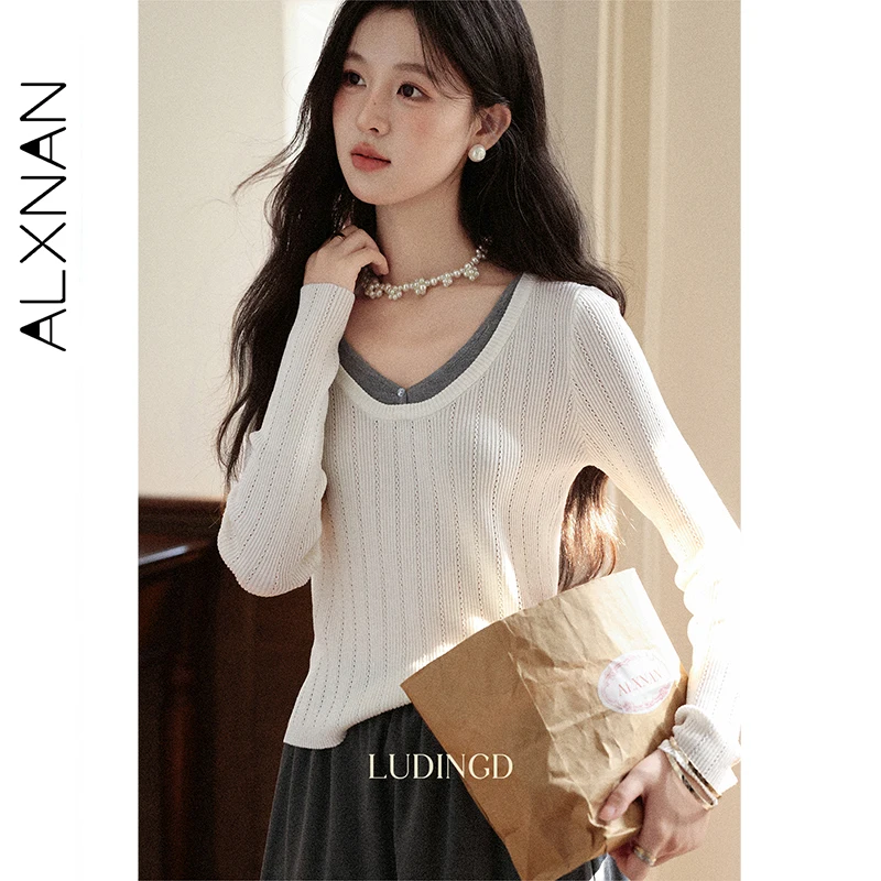

ALXNAN женский пуловер 2025, ложный двухсекционный свитер с v-образным вырезом и длинными рукавами, повседневная женская одежда с вырезами L57219