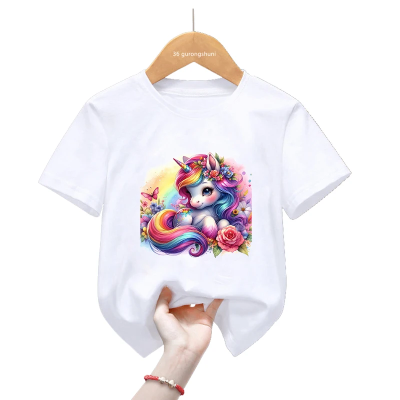 

Funny Rainbow Unicorn Watercolor Printed Tshirt Girls Flowers Butterfly Kids Clothes Harajuku Kawaii Summer Fashion T Shirt