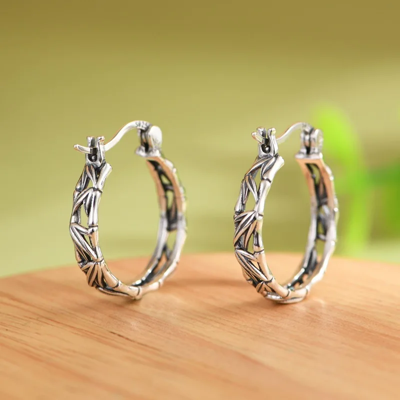 

China Chic Thai Silver Bamboo Leaf Hoops Earrings for Women 925 Sterling Silver Hollow Ethnic Brincos Bamboo Vintage Jewelry