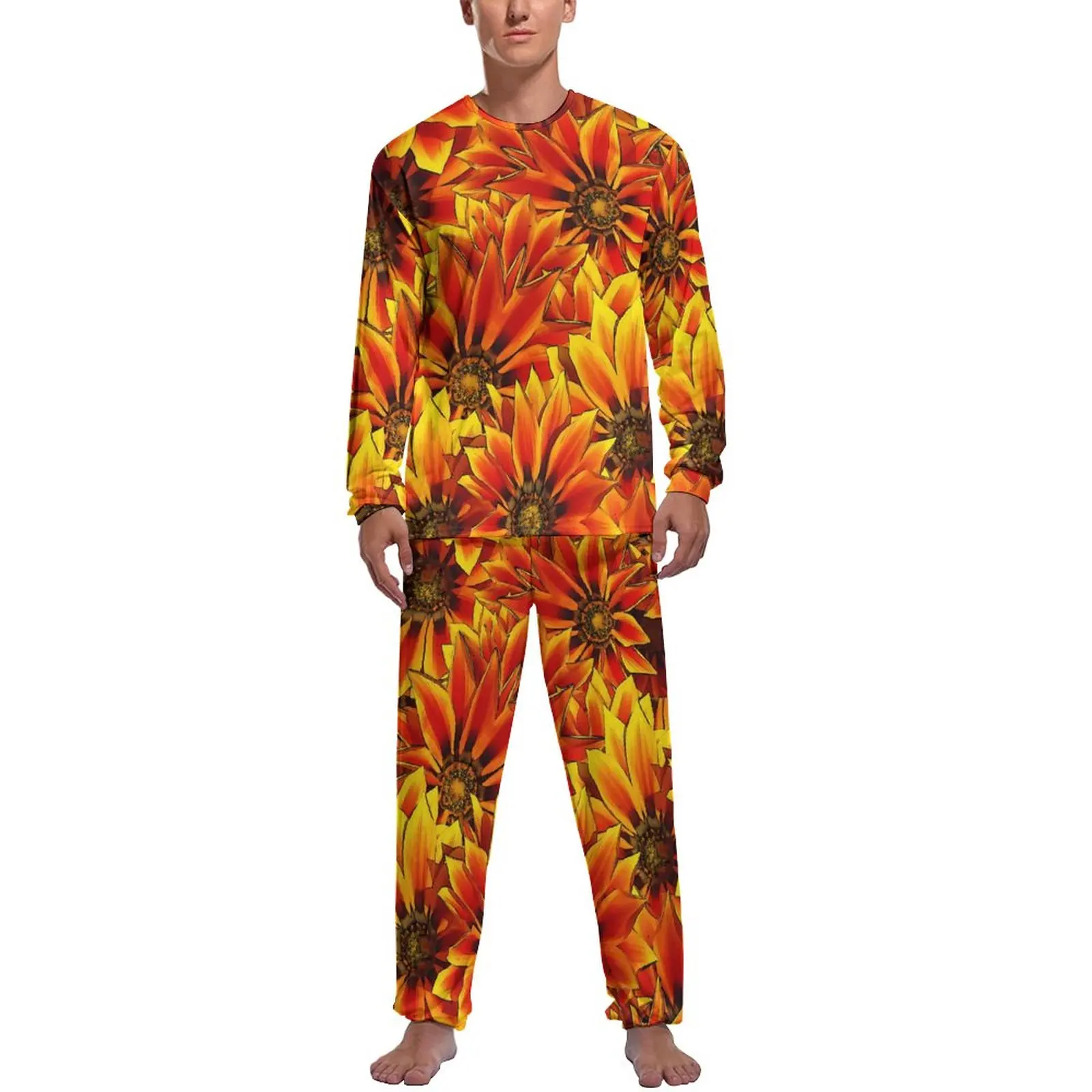 

Orange Sunflower Pajamas Flowers Print Man Long Sleeve Cool Pajamas Set 2 Pieces Night Spring Design Nightwear Birthday Gift