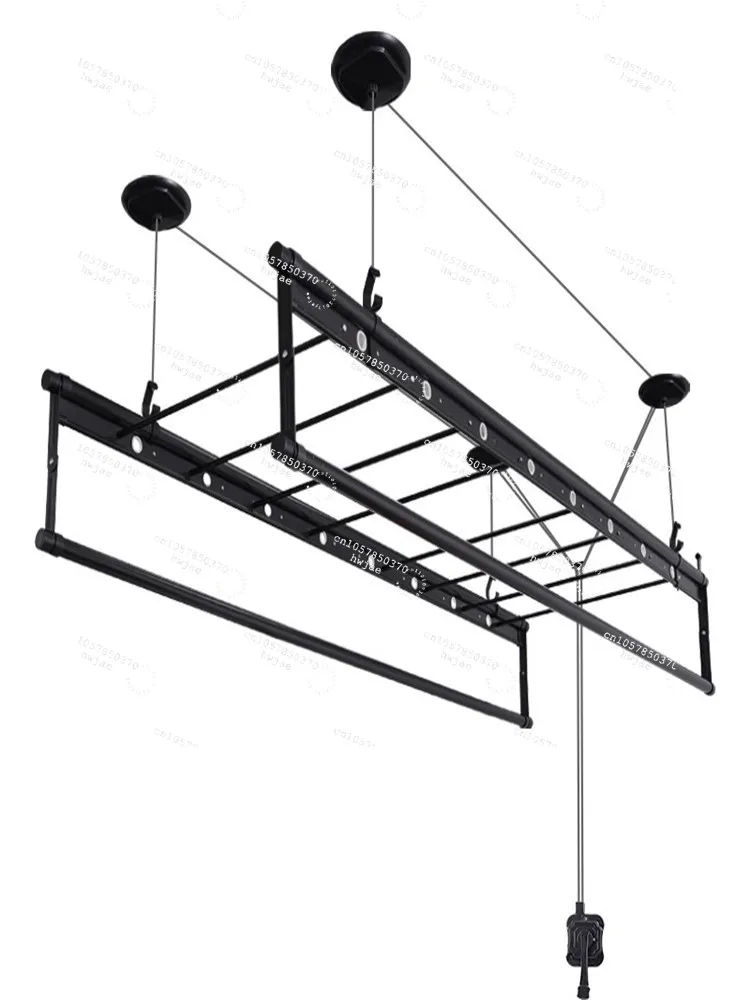 Heavy-Duty Manual Clothes Rack - 4-Rod 2.4m with 15 Towel Bars, Black Ceiling Mount for Large Family Use
