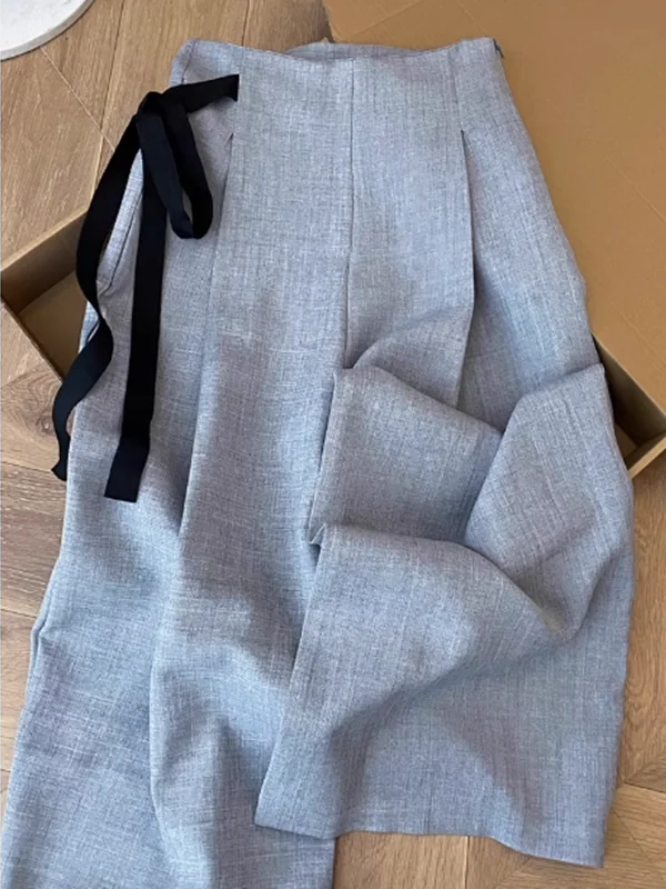 Chic Grey High Waist Pleated Belted Commuter Pants Women's Fashionable Versatile Wide Leg Pants Summer Casual Trousers