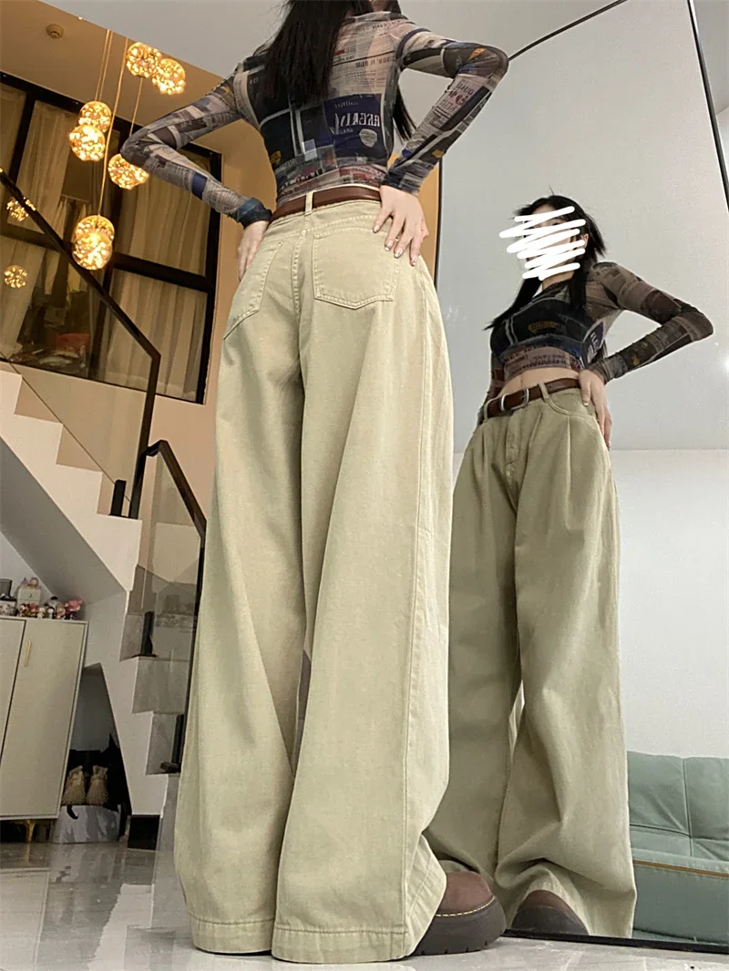 QWEEK Y2K Vintage Khaki Baggy Jeans Women Korean Style Basic Denim Pants Female Oversized Harajuku Retro Wide Leg Trousers