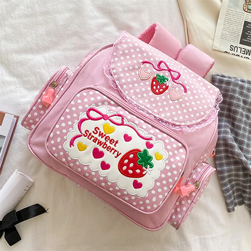 Japanische schlool Taschen Rucksack Kinder niedlichen weichen Mädchen süß schöne bestickte Frucht Erdbeer Spitze Mädchen Student Schult asche Mädchen