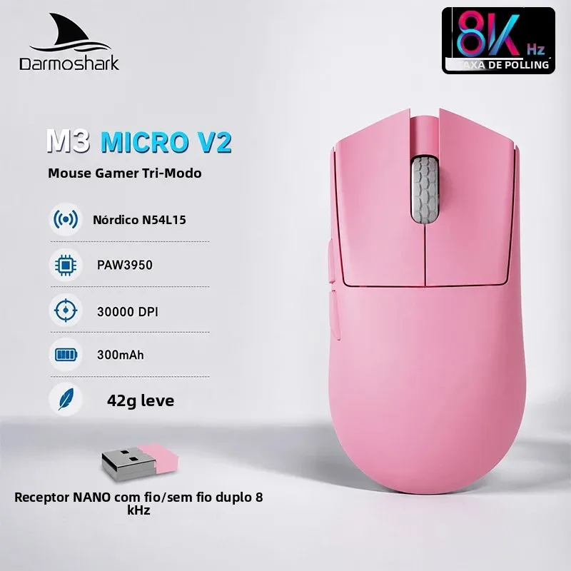 Mouse para jogos Darmoshark M3 Micro V2 Tri-Mode, taxa de atualização de 8 kHz, sensor PAW3950, 30.000 DPI, ultraleve (42 g), bateria de 300 mAh, modo