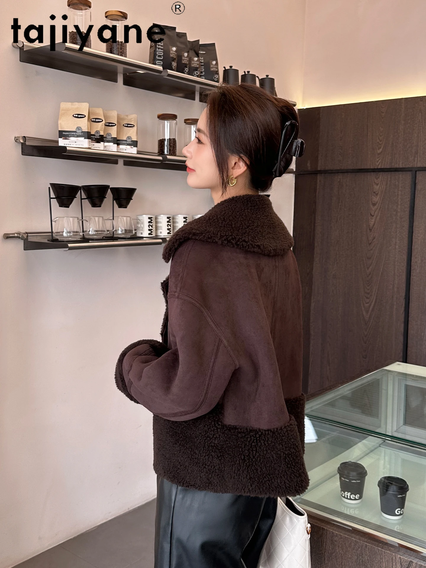 เสื้อโค้ทขนสัตว์แท้ 100% จาก TAJIYANE สำหรับผู้หญิง แจ็คเก็ตสั้นเก๋ไก๋ ขนแกะตัดแต่ง  แฟชั่นฤดูหนาวปี 2025 เสื้อผ้าผู้หญิง ชูบา เจนซิอา