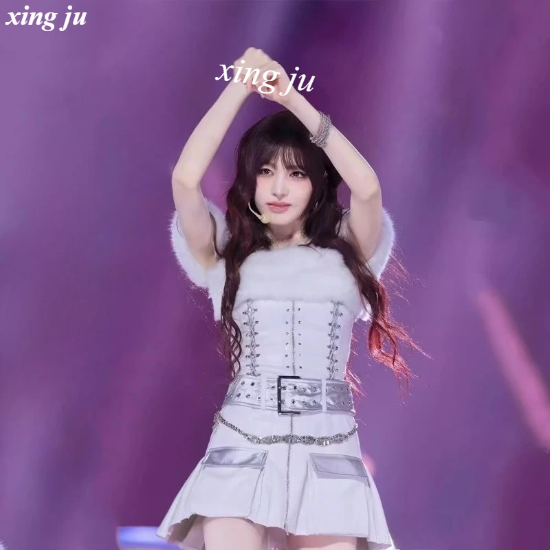 Xing Ju Kpop Singer White Strapless Crop Tops Zipper Tight Skirt Jazz Dance Costume Women Nightclub DJ Stage Performance Outfits
