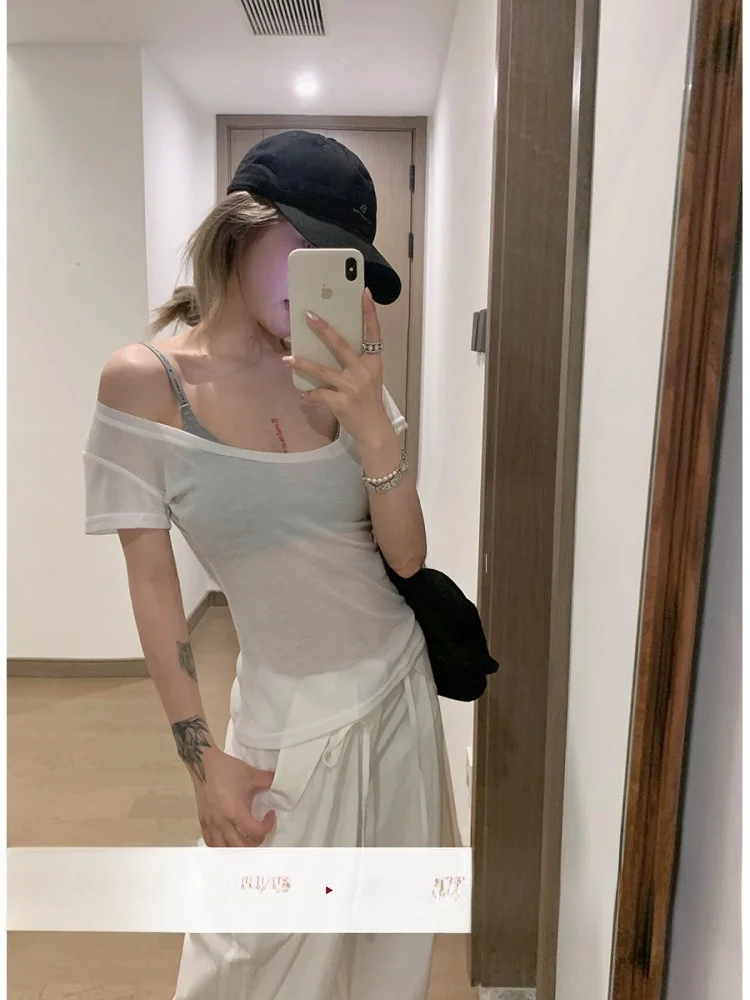

LILI Miss Fairy Little T Summer Pure Desire Slimming White ort Sve Basic Women's Top Versatile Commute Sle Korean Fit