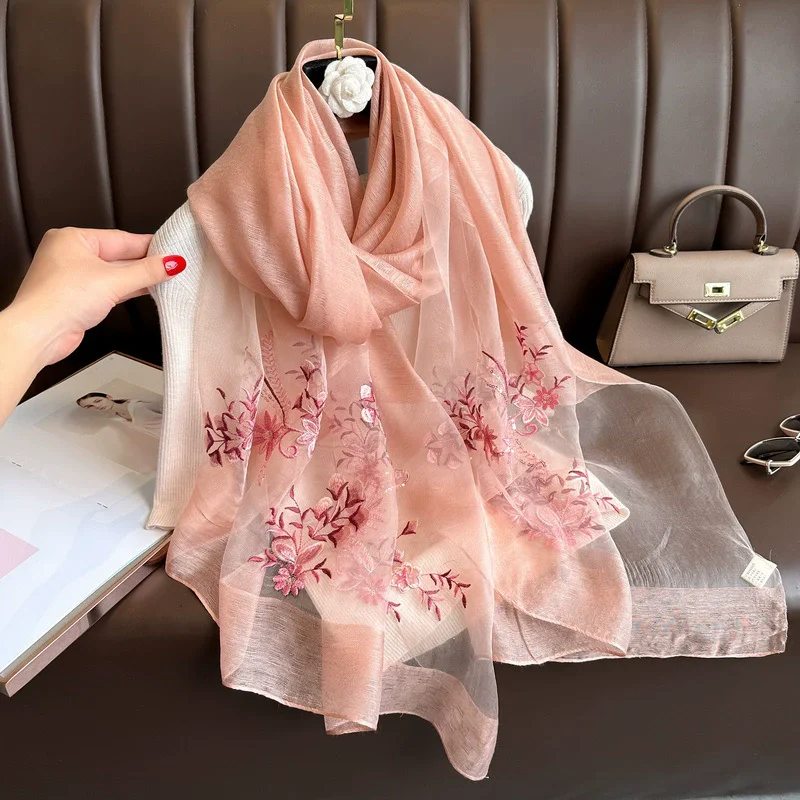 

2025 Women Silk Wool Scarf Floral Embroidery Hijab Female Foulard Spring Summer Thin Pashmina Shawls Wraps Bufanda Headscarf