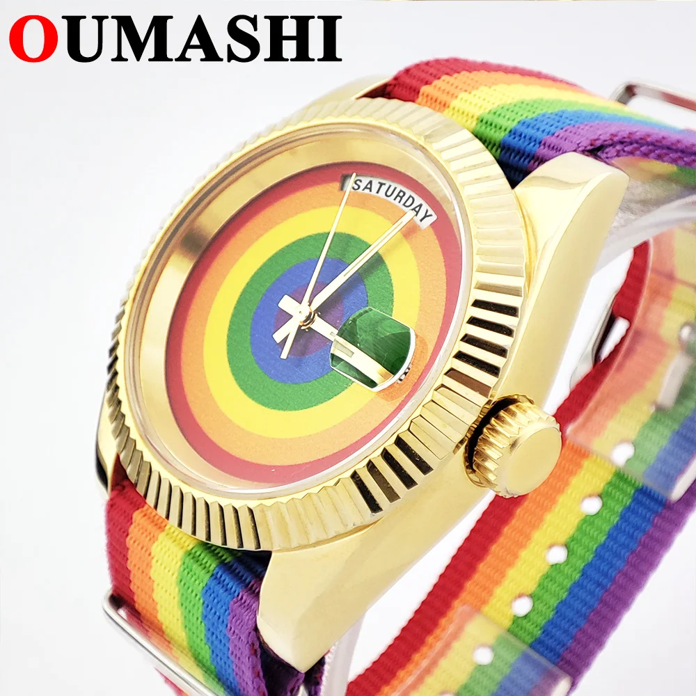 New 39mm Man's watch Creative rainbow 8285 watch Stainless steel sapphire glass watch 8285 movement rainbow dial Nylon strap