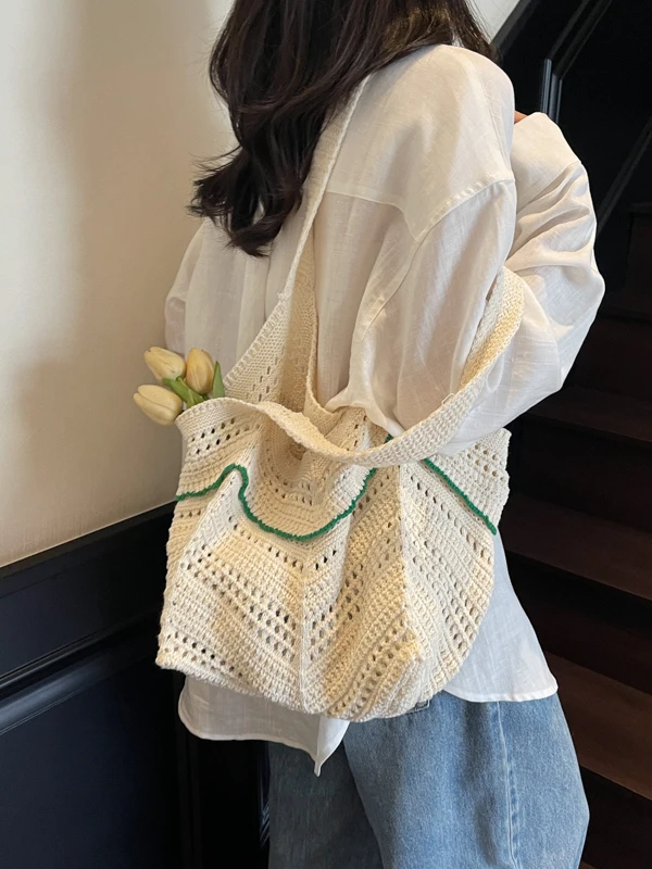 

Spring Letter Pure Color Lace Hollow Woven Beach oulder Bag Dongda Gate Vaion Beach Fabric Large Size ex Universal