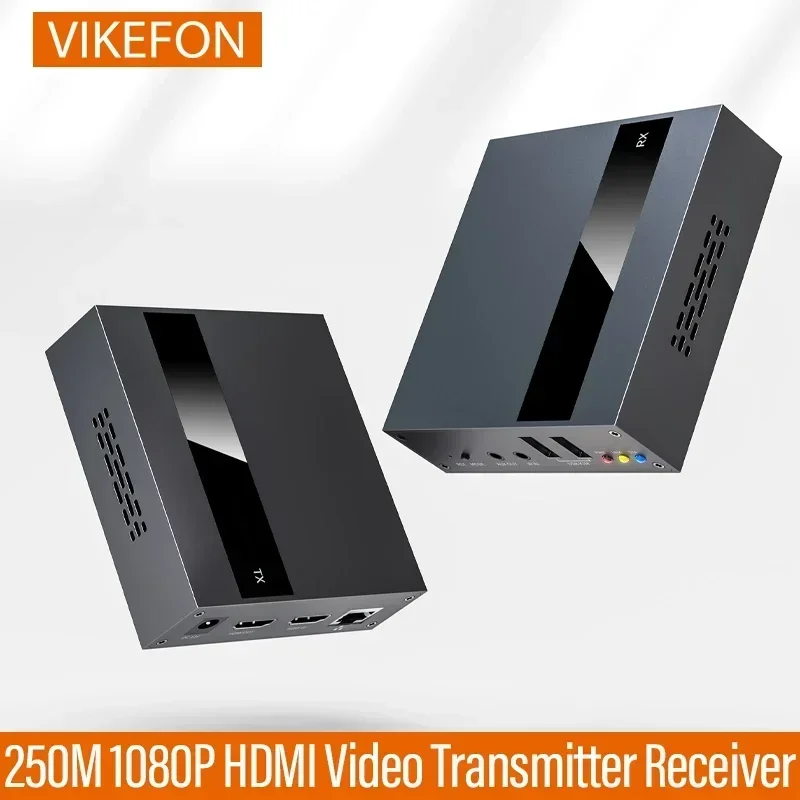 VIKEFON 250M 1080P HDMI Video Transmitter Receiver KVM Extender USB TCP/IP Cat5e for Low Latency to Mouse Keyboard Over Network